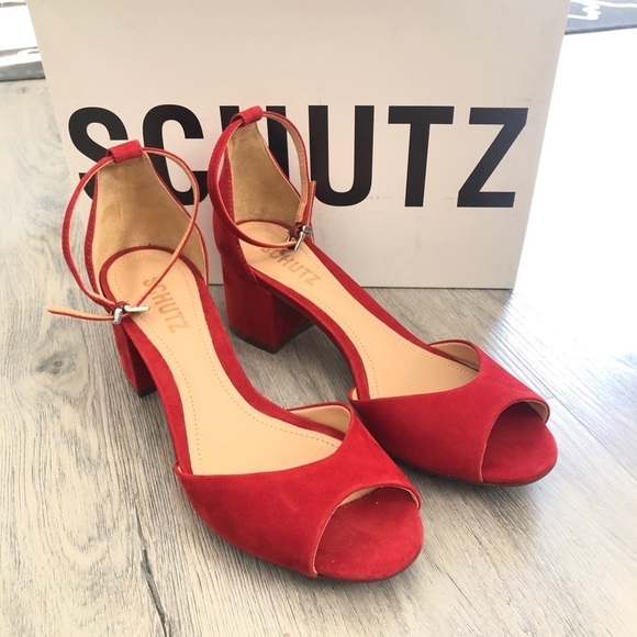 Schutz Roama Red Suede Block Heel Sandals - Picture 3 of 15
